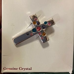 Brand New in Box Silver Cross with Multicolored Crystals Pin/Brooch